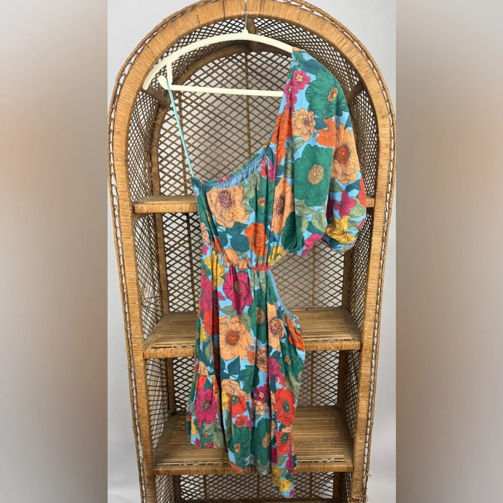 Du Paradis Floral One Shoulder Mini Dress Size M Cutout Flounce Hem - Picture 5 of 8